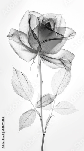 Image of a beautiful rose in x-ray style, art frame, black & white, flower