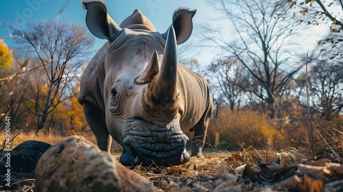 Majestic Rhino in Natural Habitat with Autumn Foliage Background