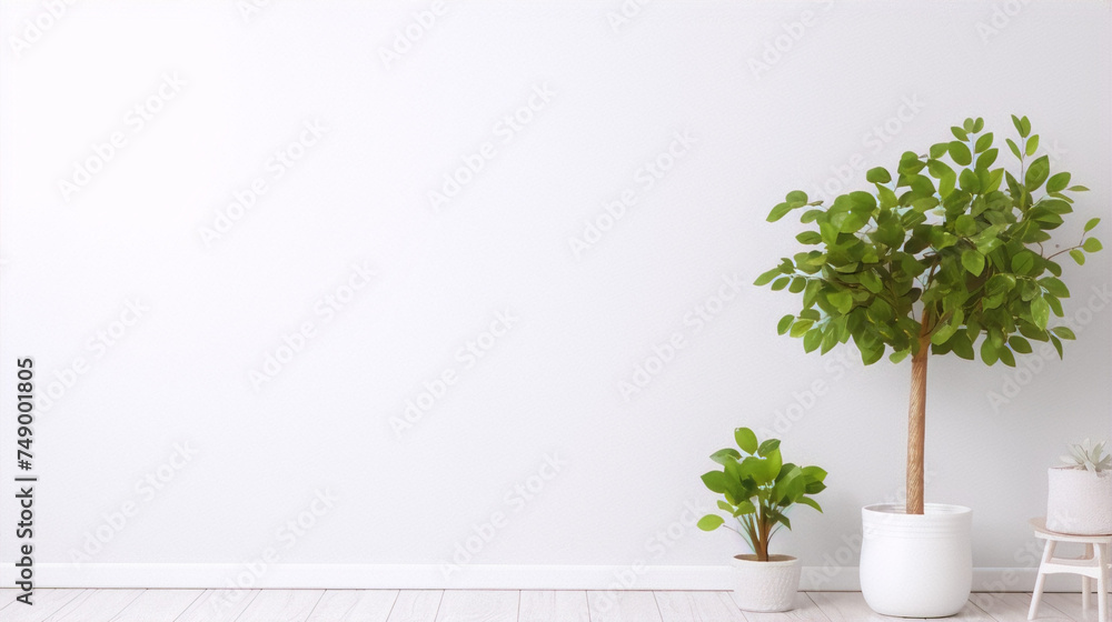 White wall with green plants in pots on the floor near it in a bright interior, 3d render - obrazy, fototapety, plakaty 