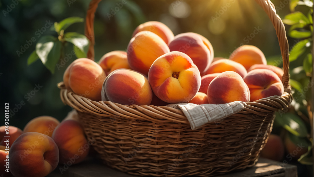 ripe  delicious peaches in a basket in the garden