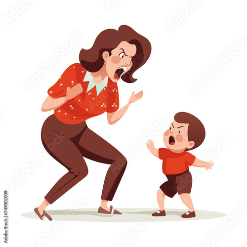 Mother scream on boy kid in stress. Family relationship, problem in communication. Child copy behavior of woman. Vector cartoon AI
