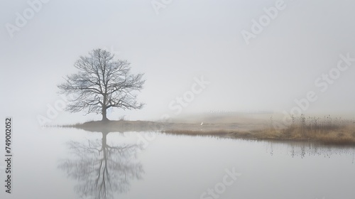 Solitary Tree on a Misty Lake Shore