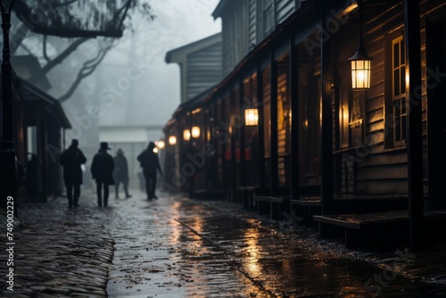 A historic town street with wooden buildings lit by warm lights at night. Light rain falls as people stroll along the cobblestone road, creating a cozy atmosphere.