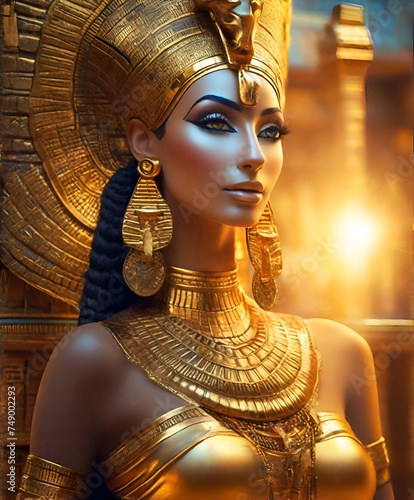 Egyptian Priestess-goddess portrait in presious headdress and necklace  posing against golden Temple at sunset. close up photo