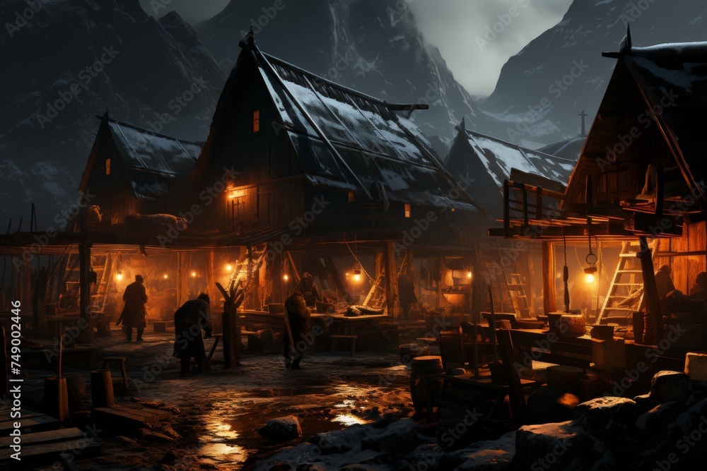 A small village of wooden houses nestled in a valley surrounded by snow-capped mountains. The village is lit up by warm lights, and there is a sense of peace and tranquility.