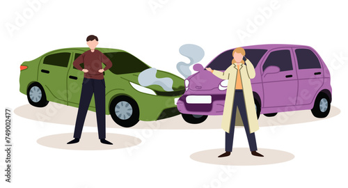 Car accident. Crash, collision at road traffic. Auto collision. Damaged vehicles, road accident collision