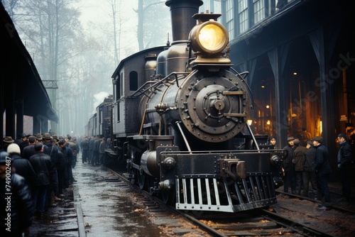 A vintage black steam locomotive with a long smokestack and cowcatcher on the front, moving on a railway track with people on a platform watching in awe of the powerful machine.