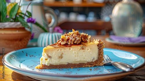 a slice of baklava cheesecake on a blue plate, kitchen in background 