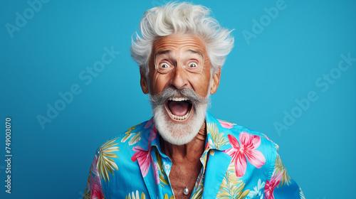 alter stylischer Mann lachend mit guter Laune und positiver Ausstrahlung vor farbigem Hintergrund in 16:9 schreit vor Freude photo