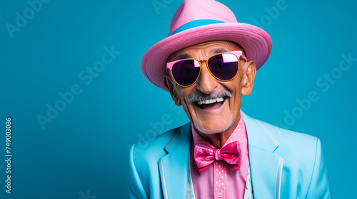 alter stylischer Mann lachend mit guter Laune und positiver Ausstrahlung vor farbigem Hintergrund in 16:9 