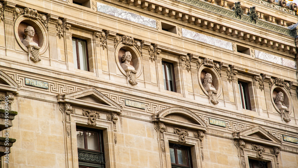 Paris, France - Dec. 26 2022: The front facade and decoration of the Opera Paris