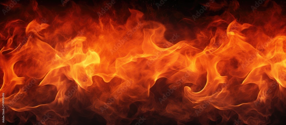 A detailed view of blazing fire flames on a stark black background, showcasing the vibrant colors and textures of the fiery inferno in close proximity. A detailed view of blazing fire flames on a stark black background, showcasing the vibrant colors and textures of the fiery inferno in close proximity.