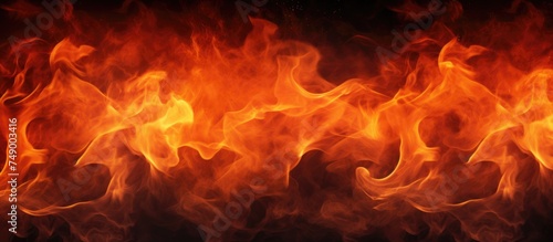 A detailed view of blazing fire flames on a stark black background, showcasing the vibrant colors and textures of the fiery inferno in close proximity.