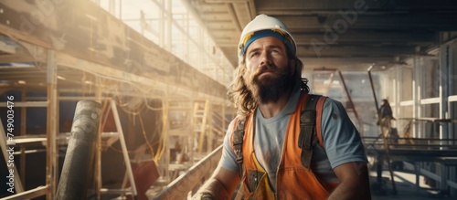 A bearded man with long hair is pictured wearing an orange vest, likely a painter or construction worker on a construction site. He appears focused on his task at hand.