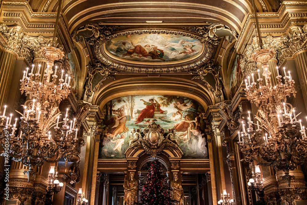Paris, France - Dec. 26 2022: The fine decoration and the stunning beautiful ceiling in the Opera Paris