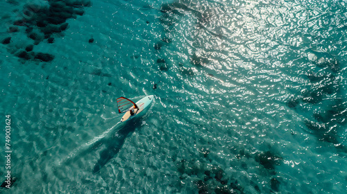 A windsurfer gliding across crystal-clear waters under the bright summer sun.