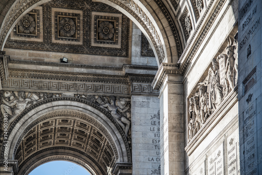 Paris, France - Dec. 28 2022: The fine decoration on the Arc de Triomph in Paris