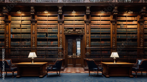 Two desks and chairs in a grand library with a coffered ceiling photo