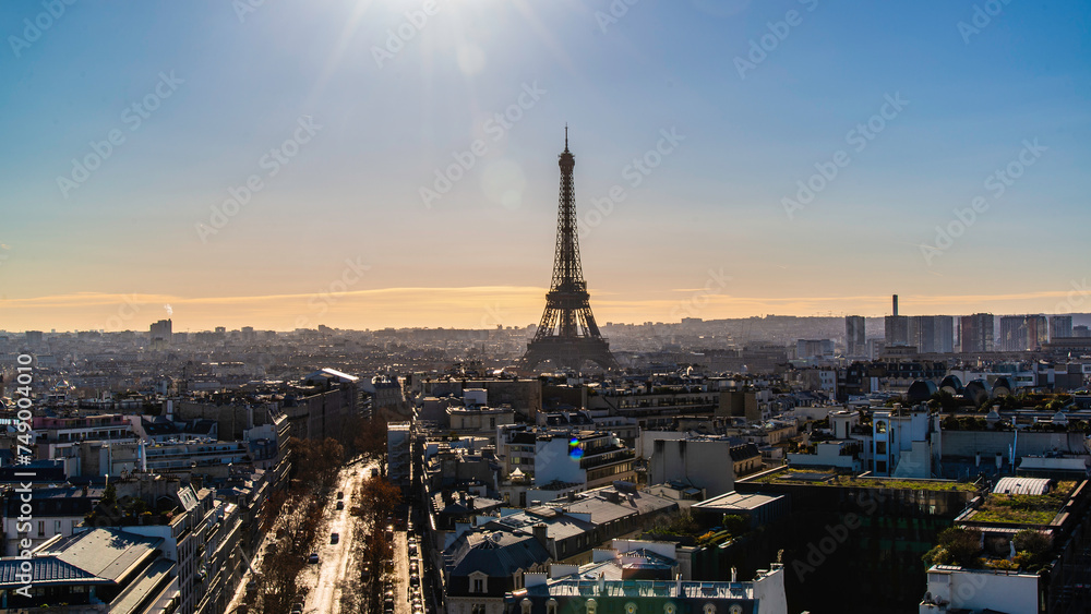 Paris, France - Dec. 28 2022: The Paris panorama view from the Arc de Triomph in Paris