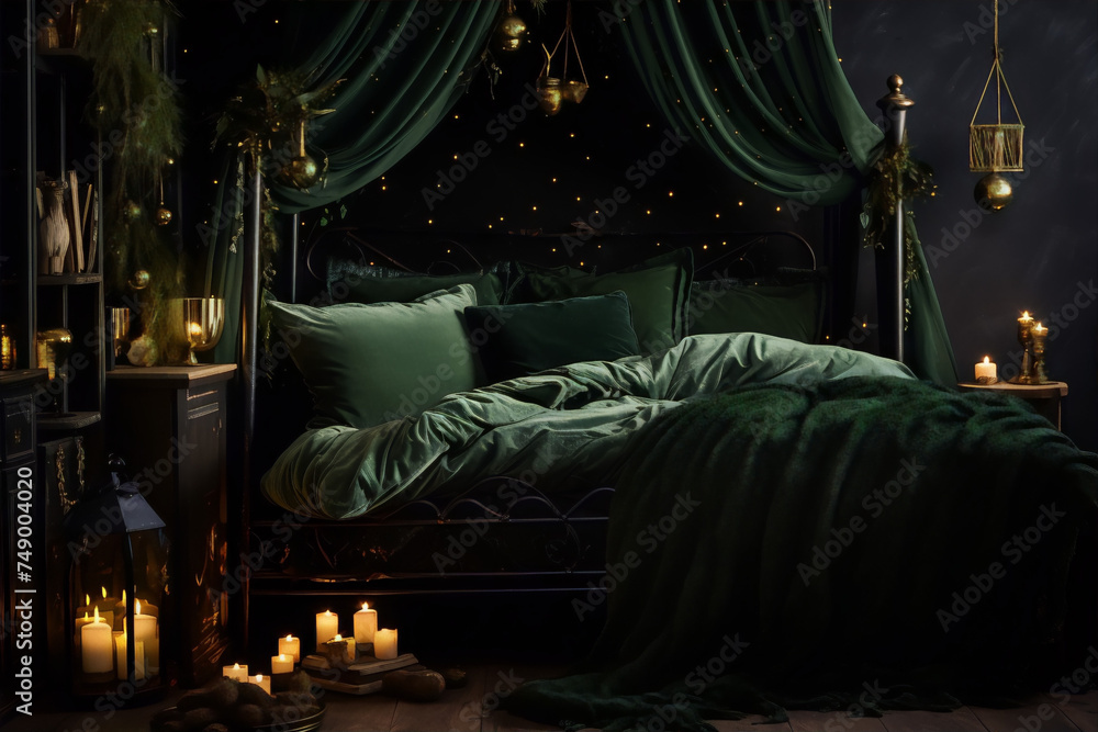 A canopy bed with green curtains and pillows in a dark room with candles and twinkling lights.
