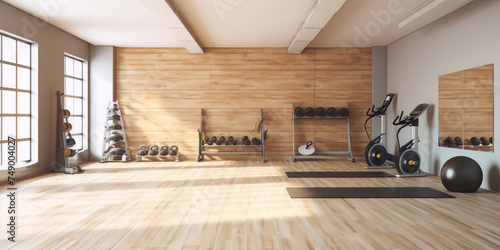 Modern bright spacious fitness center with wooden wall and large windows, exercise bike, yoga mat, dumbbells, kettlebells and fitness ball photo