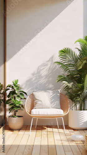 Minimalistic home interior with a comfortable chair, plants, and sunlight on the wooden floor.