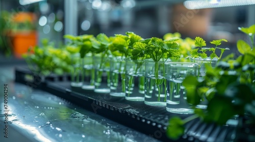 Many green plants in test tubes. Biotechnology, Science of Genetic Engineering. genetically modified plants, laboratory, plants obtained by new genomics techniques, mutagenesis. Generative ai