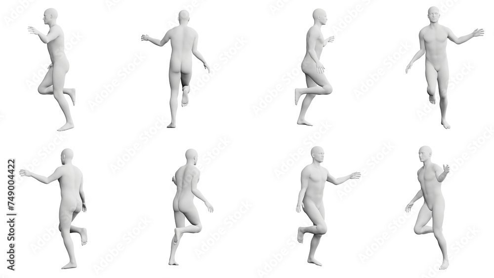 Athletic Young Man Running, multiple views (side, front, back), 360 degrees rotation.