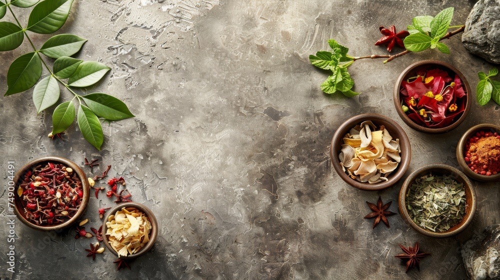 Chinese traditional medicine concept with herbal and spicy visuals using a traditional bowls. Preparing herbal remedies, highlighting the ancient wisdom of holistic healing. Generative ai Chinese traditional medicine concept with herbal and spicy visuals using a traditional bowls. Preparing herbal remedies, highlighting the ancient wisdom of holistic healing. Generative ai