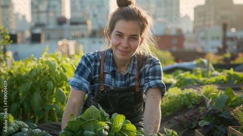 Woman in small green space on the rooftop garden, showcasing sustainable urban agriculture. Commitment to sustainable living and nurturing plant life within an eco-conscious lifestyle. Generative ai