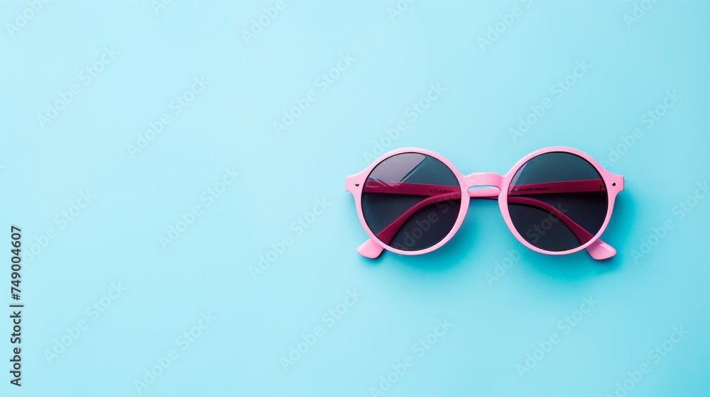 Pink sunglasses in retro style, on a blue background, top view, flat lay, romantic and cute design concept, banner, copy space