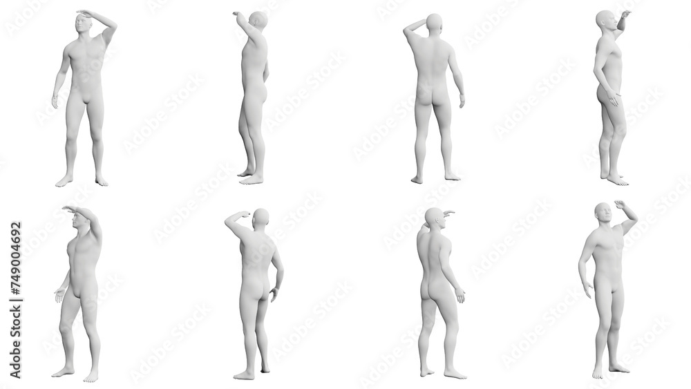 Athletic Young Man Putting Hand Over The Eyes and Looking Far Away, multiple views (side, front, back), 360 degrees rotation. Athletic Young Man Putting Hand Over The Eyes and Looking Far Away, multiple views (side, front, back), 360 degrees rotation.