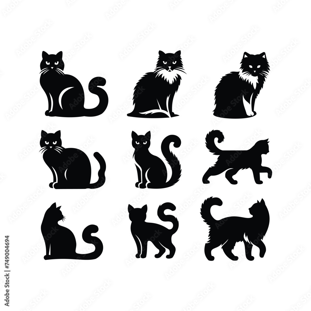Fototapeta premium SILHOUETTE SET OF NINE BLACK CATS ISOLATED ON WHITE BACKGROUND VECTOR