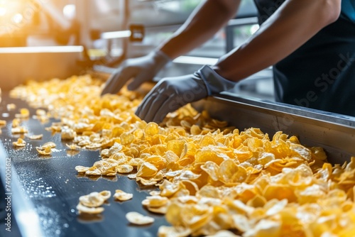 A person is making potato chips on a conveyor belt in a factory, fastfood production