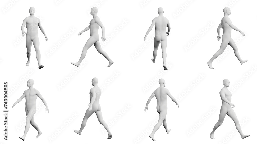 Athletic Young Man Walking, multiple views (side, front, back), 360 degrees rotation.
