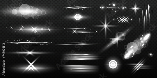 Light effect set. Glowing glare and realistic shining effect. Blinding sunshine mockup. Lens glints or camera flash. Glowing isolated set of bright transparent light effects, glare, explosion