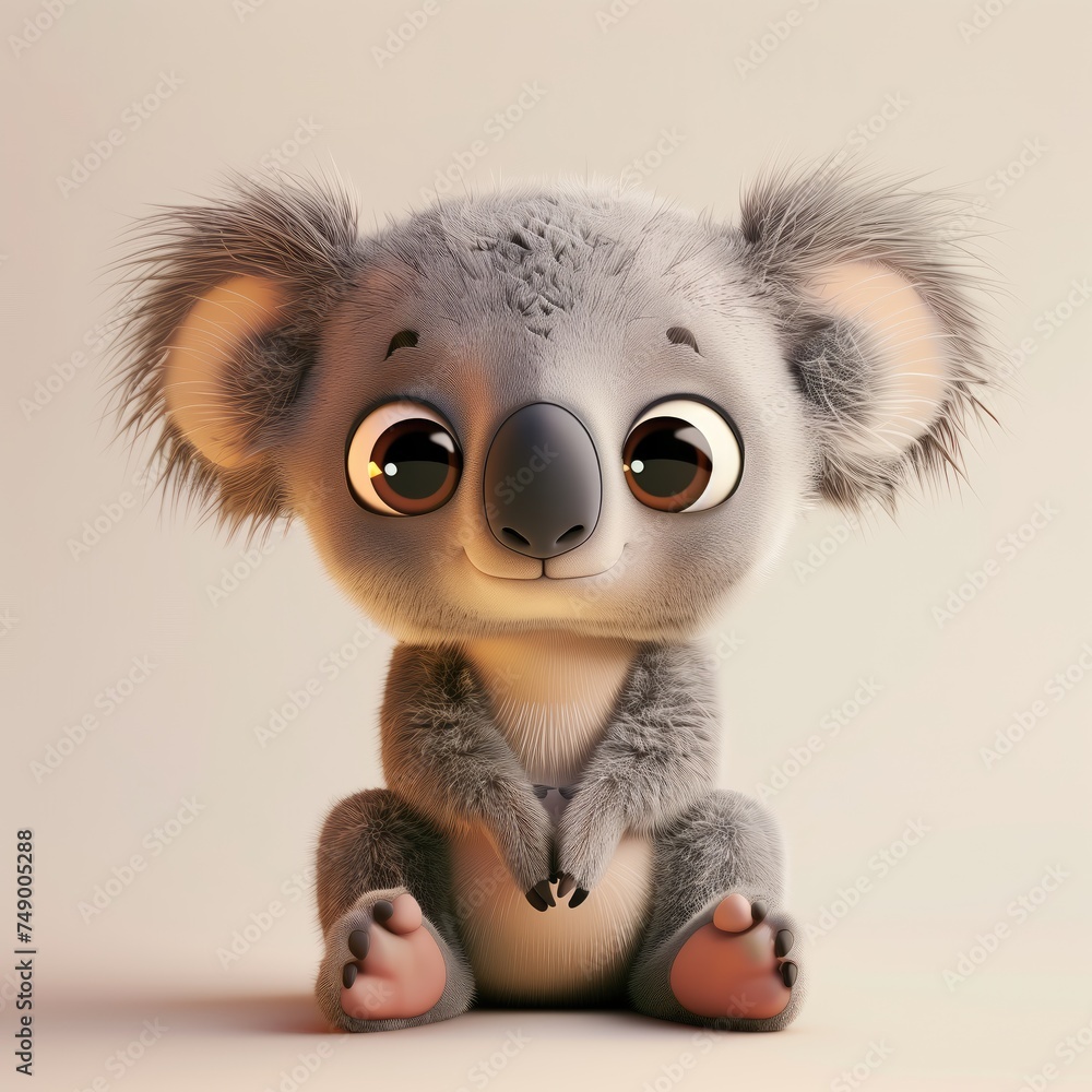 A miniature model of a cute koala isolated on a pastel cream background. Square format.