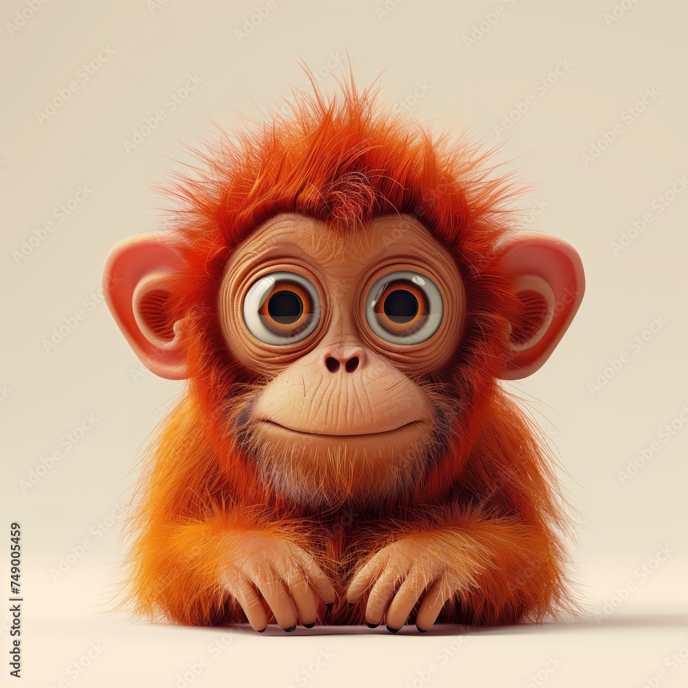 Obraz premium A miniature model of a cute orang utan isolated on a pastel cream background. Square format
