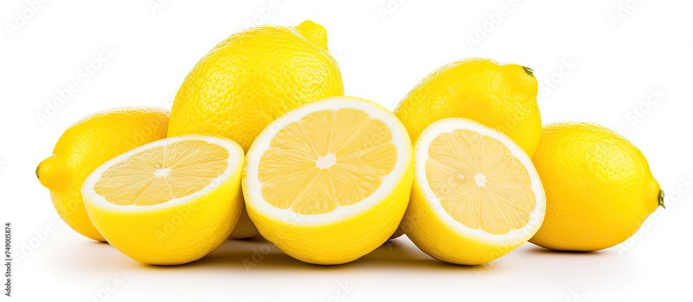 A pile of lemons stacked on top of each other, showcasing their vibrant yellow color and textured peel. The lemons are fresh and bright, ready to be used in cooking or for making refreshing drinks.