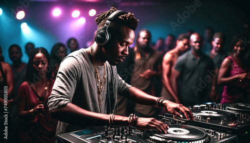 Trendy DJ sets the mood with his sound mixes at a popular nightclub. photo