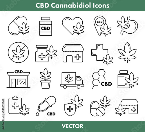 CBD Cannabidiol linear icons collection. Medical cannabis icon set.