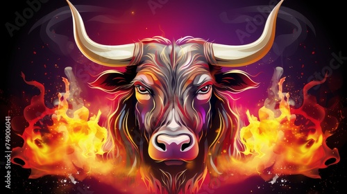 Fire Bull, concept bull run, crypto, investment, financial, success, trading, red neon background, banner © Anzhela
