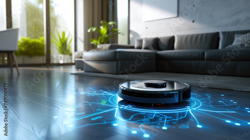 Robot vacuum cleaner scans space and builds route map on floor of living room, futuristic lights of automated smart hoover working at home. Concept of technology, clean, digital system