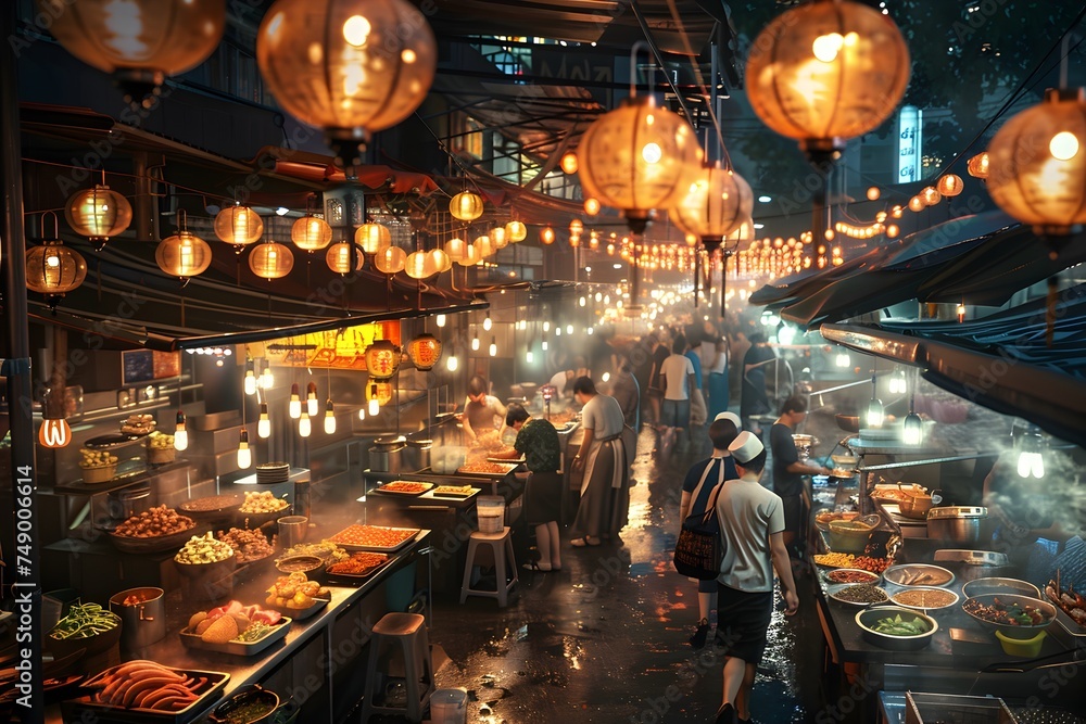 Vibrant Street Food Market Illuminated by Hanging Lanterns - Generative AI