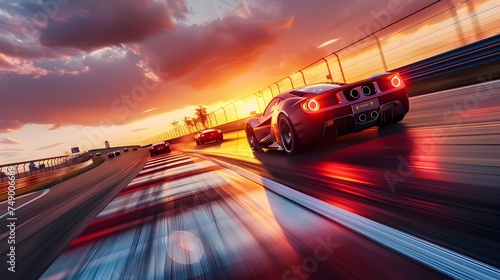 High-Octane Racing Cars Speeding on Track at Sunset - Generative AI photo