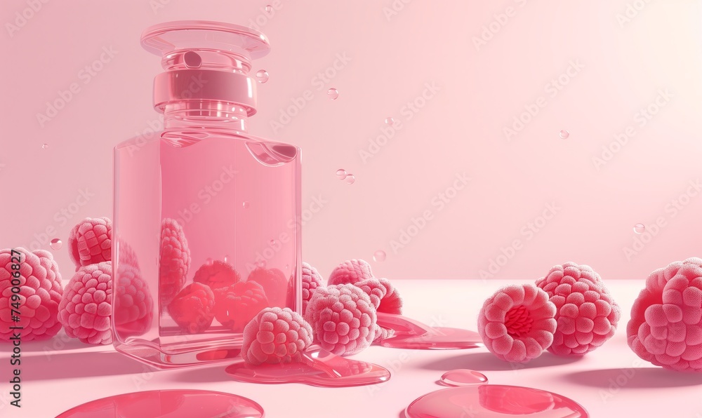 The bottle of cosmetics high. Light pink gradient colour background with raspberries. Generated by artificial intelligence. The bottle of cosmetics high. Light pink gradient colour background with raspberries. Generated by artificial intelligence.