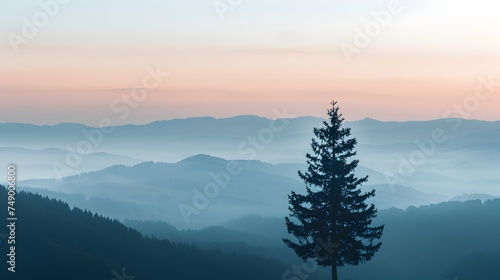 Solitary Tree Overlooking Misty Mountain Layers at Dawn - Generative AI