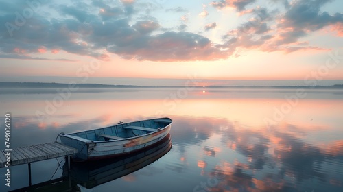 Tranquil Dawn with Moored Boat on a Mirror-Calm Lake - Generative AI