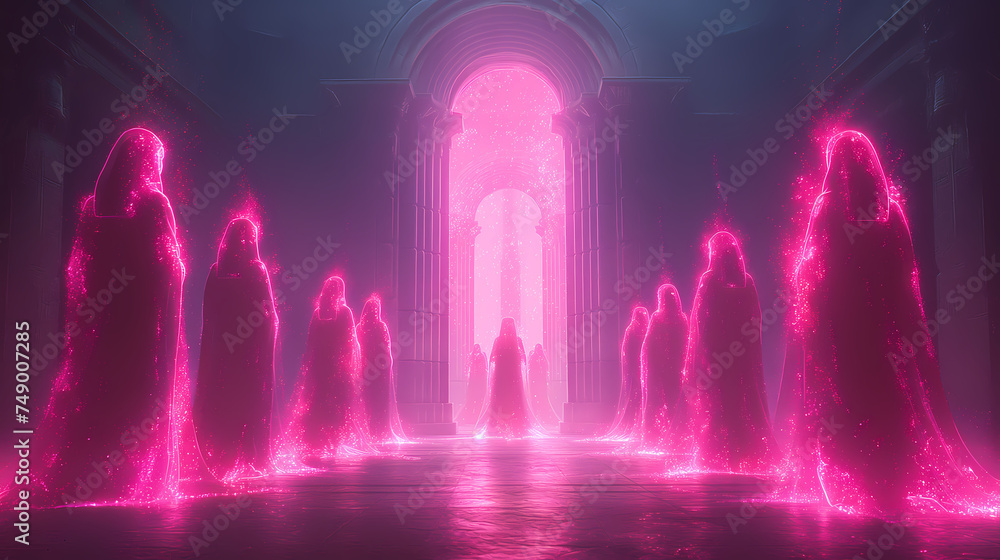 Ethereal Messa: A Mysterious Scene Illuminated by Glowing Figures, purple ritual, fantasy art, fantasy background - obrazy, fototapety, plakaty 