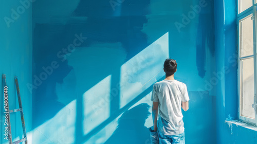 Man Painting Wall in Blue